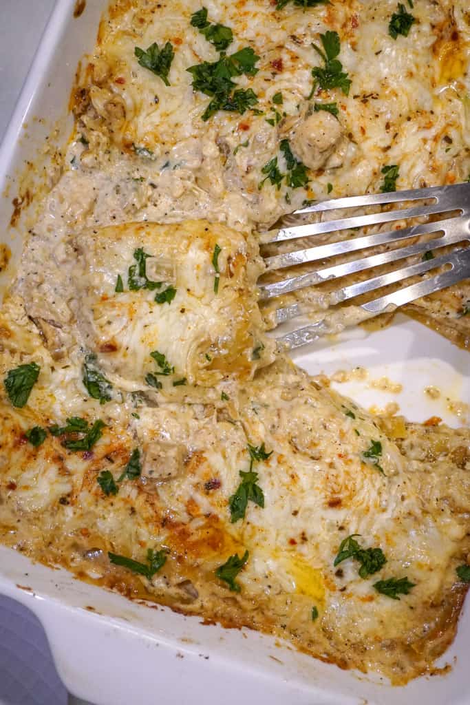 close up view of chicken alfredo lasagna in a baking dish with a spatula inserted