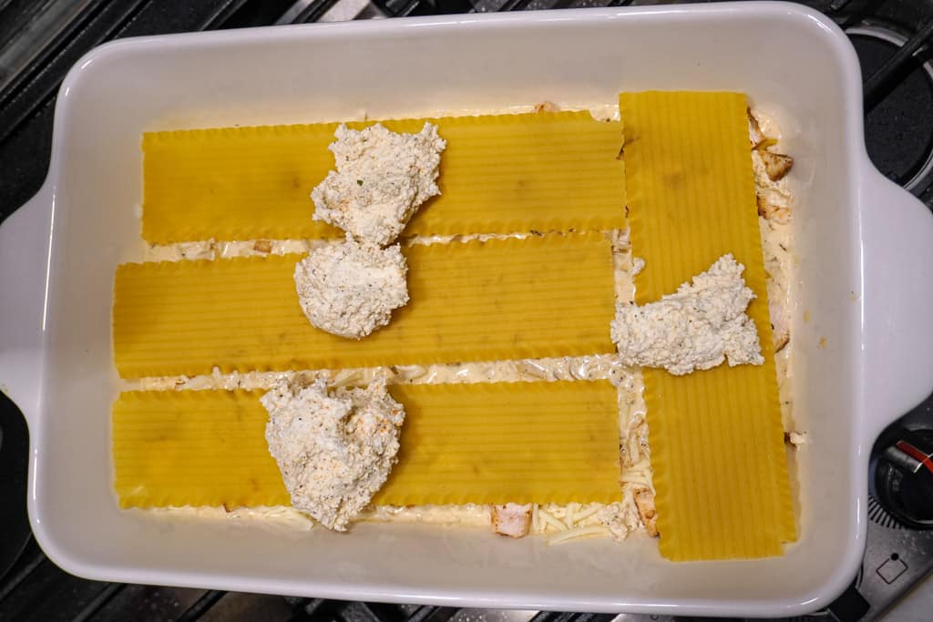 chicken alfredo lasagna frozen lasagna shells laid over cheese mixture in a casserole dish, topped with dollops of ricotta cheese