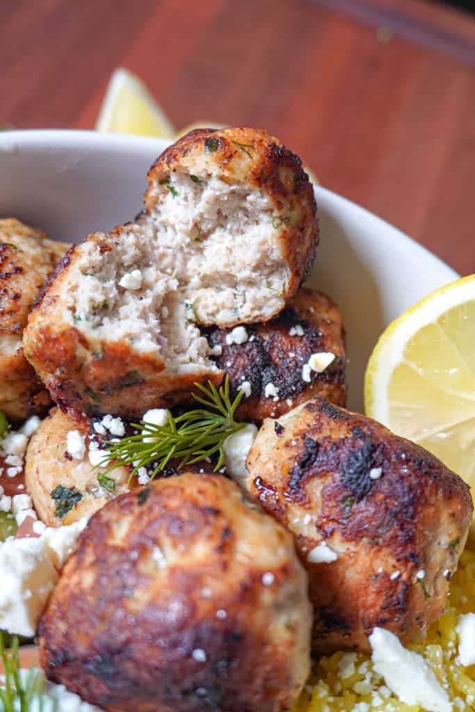 close up view of greek chicken meatballs