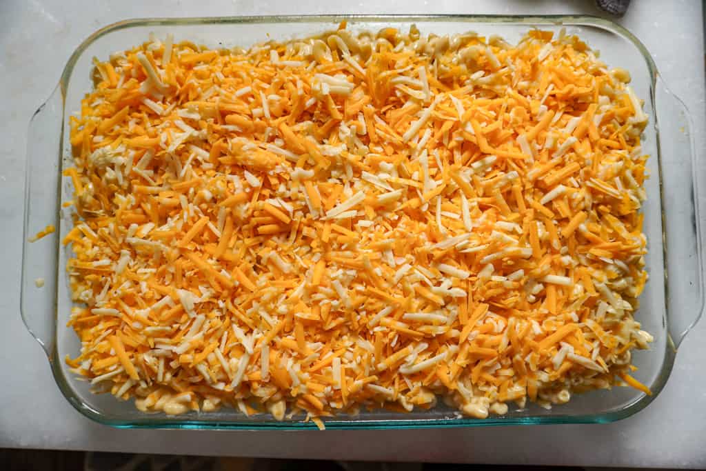 assembled macaroni and cheese in a casserole dish before baking