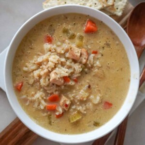 overhead view of creamy chicken and rice soup