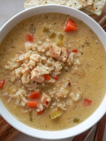 overhead view of creamy chicken and rice soup