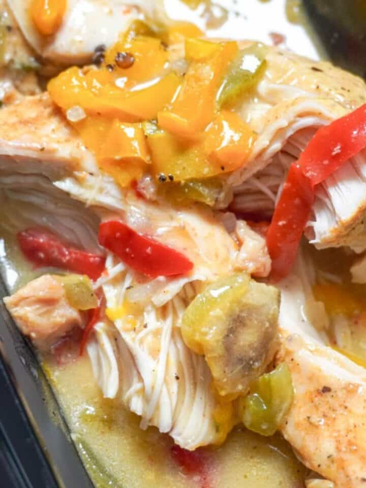 close up view of smothered chicken breast
