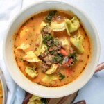 overhead view of sausage tortellini soup