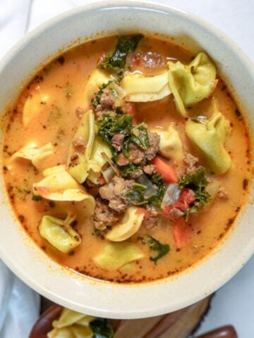 overhead view of sausage tortellini soup