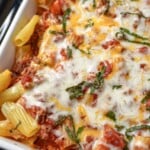 close up view of baked rigatoni pasta
