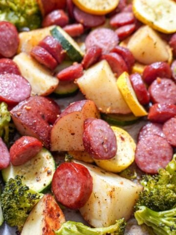 close up view of Sheet Pan Sausage and Veggies