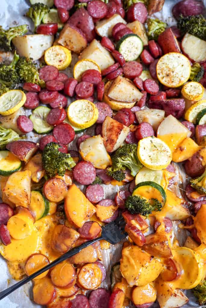 razzle dazzle life Sheet Pan Sausage and Veggies Sheet Pan Sausage and Veggies partially topped with cheese