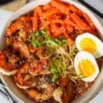 close up view of a bowl of garlic butter shrimp ramen