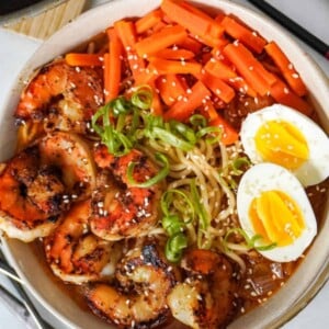 close up view of a bowl of garlic butter shrimp ramen