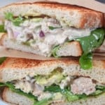 close up view of stacked tunacado sandwich