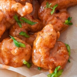 close up of firecracker shrimp on a platter