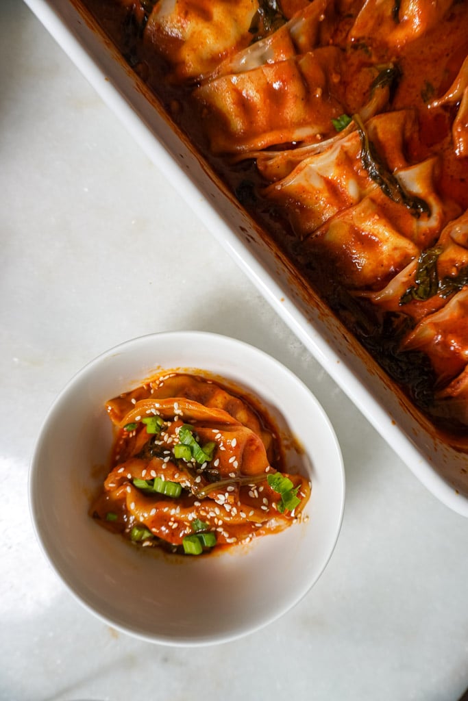 gyozas baked and in a bowl