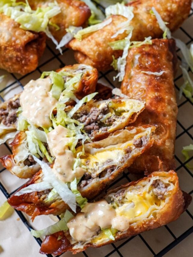 big mac egg rolls with big mac sauce drizzled on