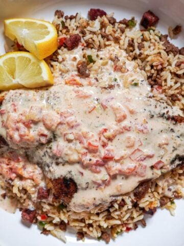 blackened catfish with a cream sauce in a bowl over a bed of dirty rice