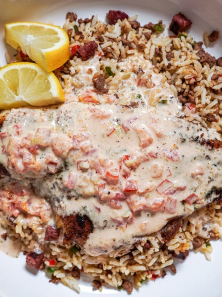 blackened catfish with a cream sauce in a bowl over a bed of dirty rice
