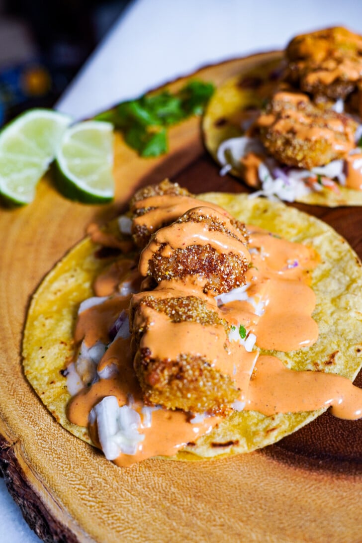 catfish tacos on corn tortillas with coleslaw