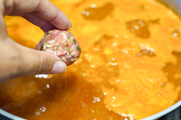 putting a meatball into the pot of soup for albondigas