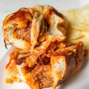 Italian sausage sandwich cut in half