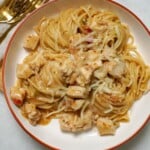 chicken tetrazzini served in a white bowl