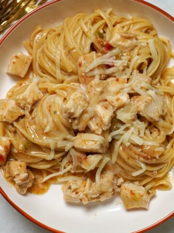 chicken tetrazzini served in a white bowl