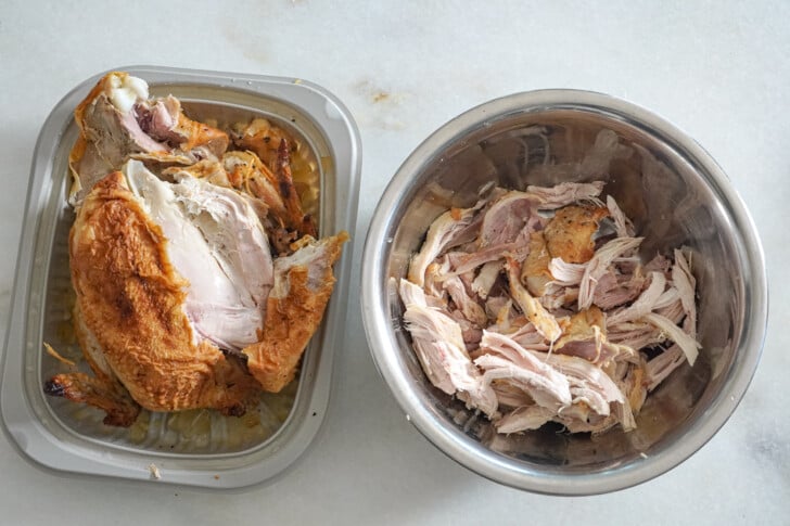 shredded rotisserie chicken in a bowl