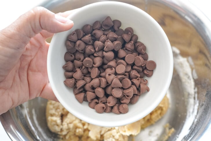 chocolate chips in a bowl for cookies