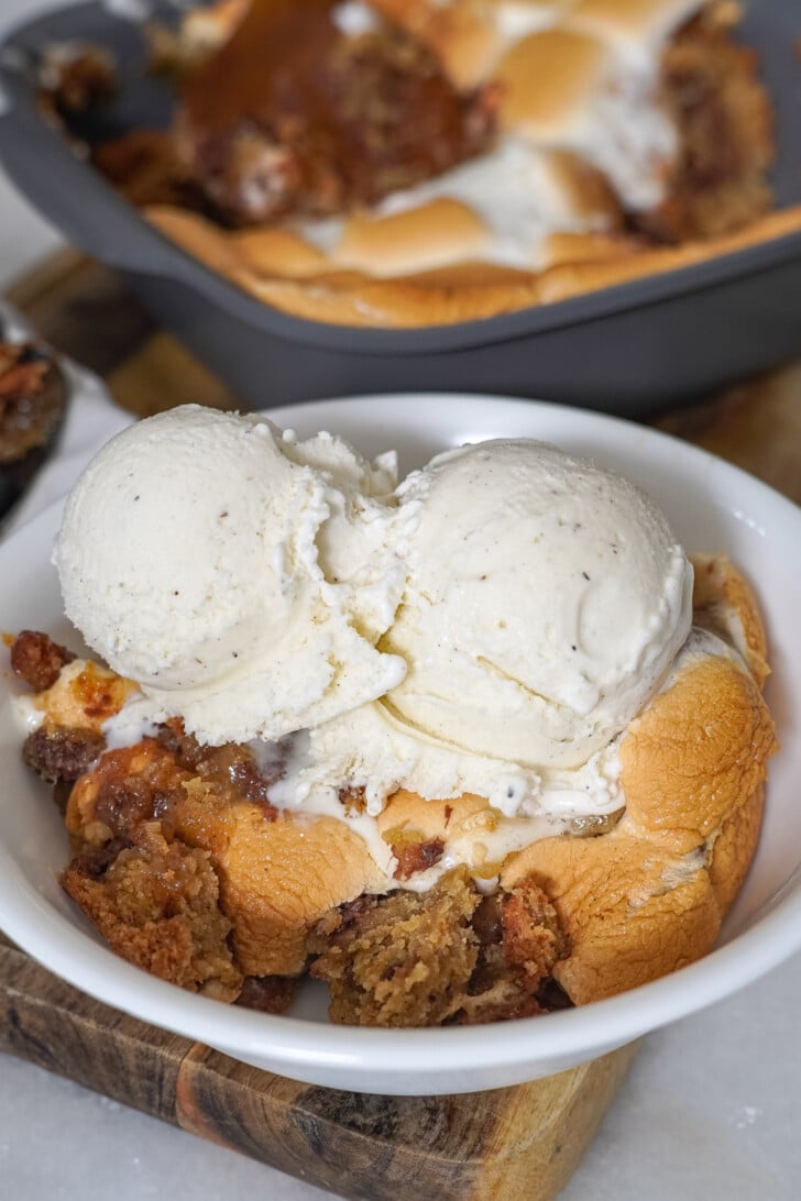 s'mores cookie scooped in a bowl with ice cream on top