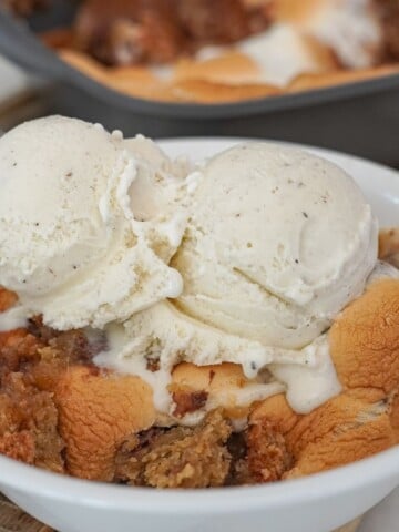 s'mores cookie scooped in a bowl with ice cream on top