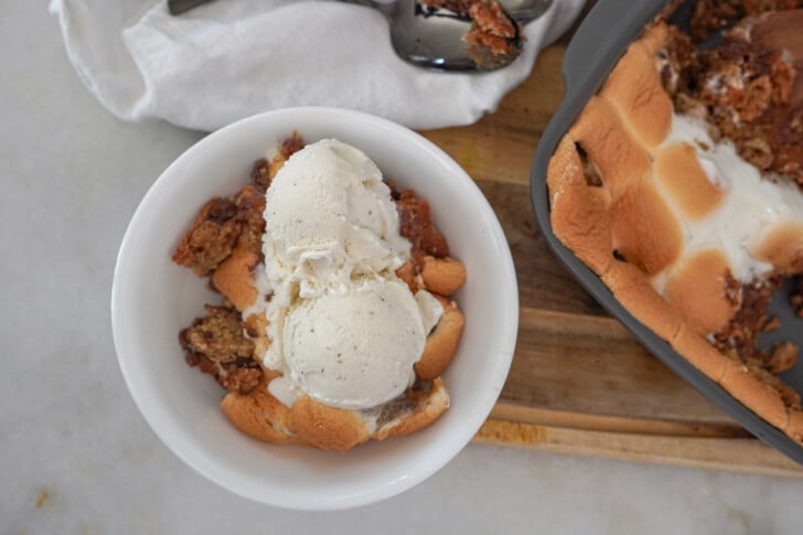 s'mores cookie scooped in a bowl with ice cream on top