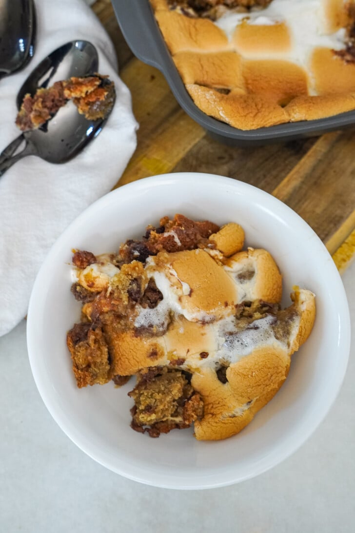 s'mores cookie scooped into a white bowl