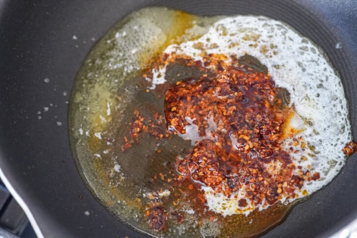 chili lime sauce in a skillet