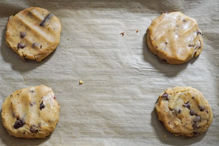 cookie dough on a sheet pan to make chocolate chip cookies