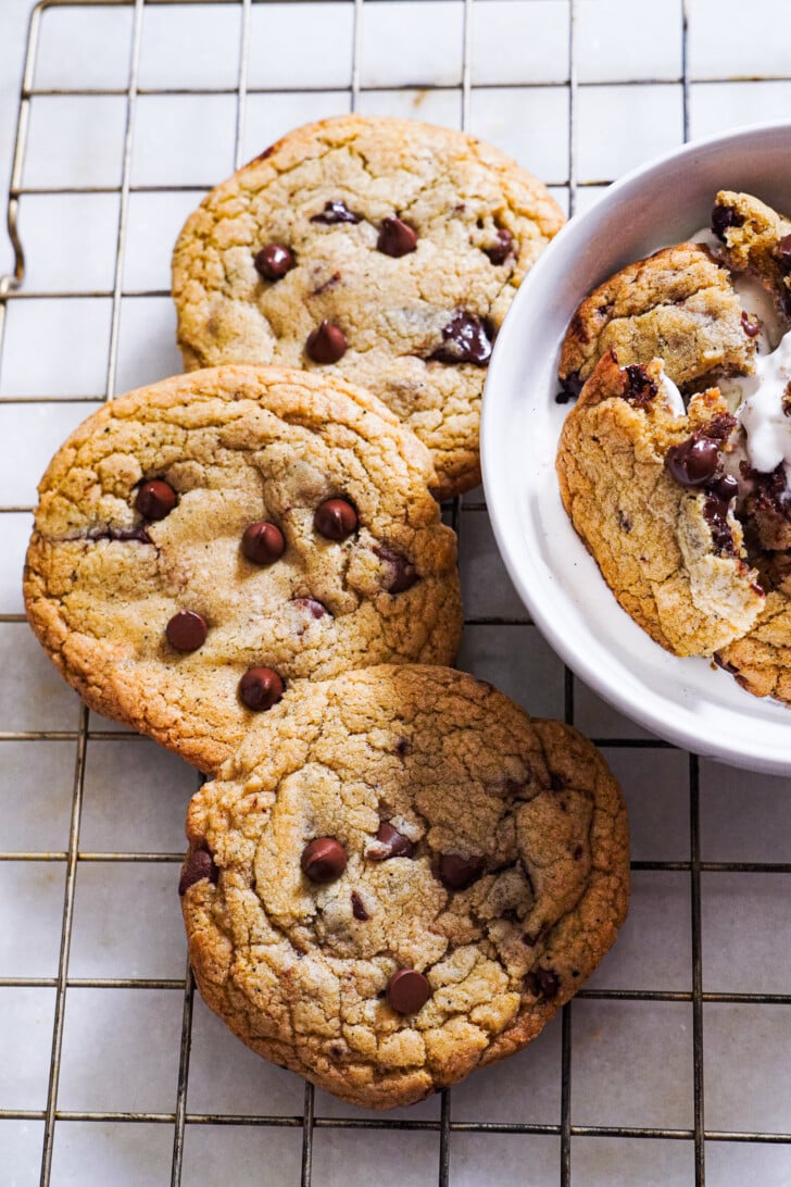 chocolate chip cookies sitting out on a cooling rack