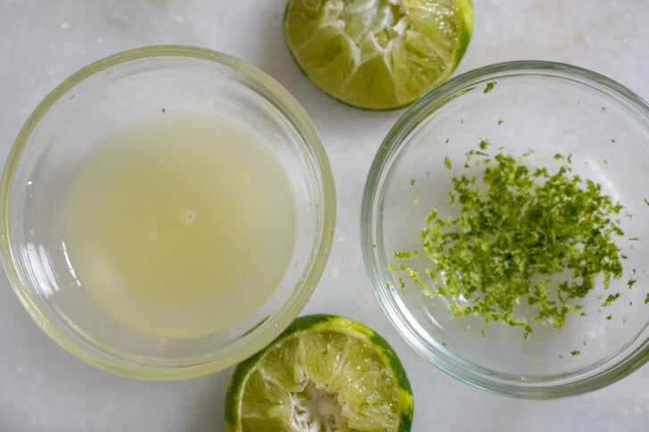 juice and zest of one lime in small bowls