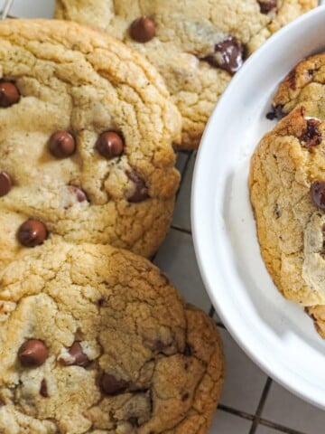 brown butter chocolate chip cookies on a cooling rack